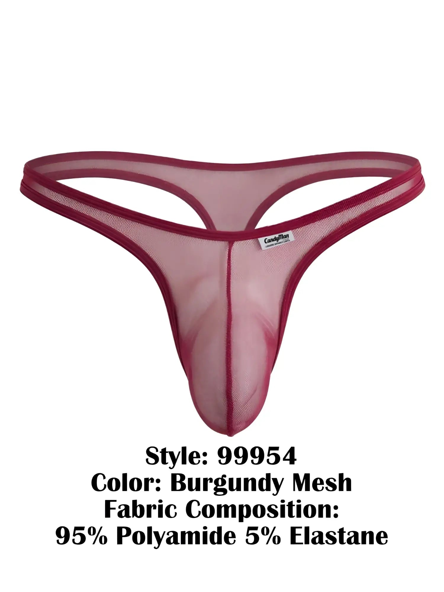 CandyMan burgundy mesh thong with a contoured pouch and thin elastic waistband. Center seam detail, isolated on white.