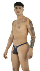 CandyMan navy mesh thongs on a tattooed male model posing in profile, showcasing a slim, minimalist fit.