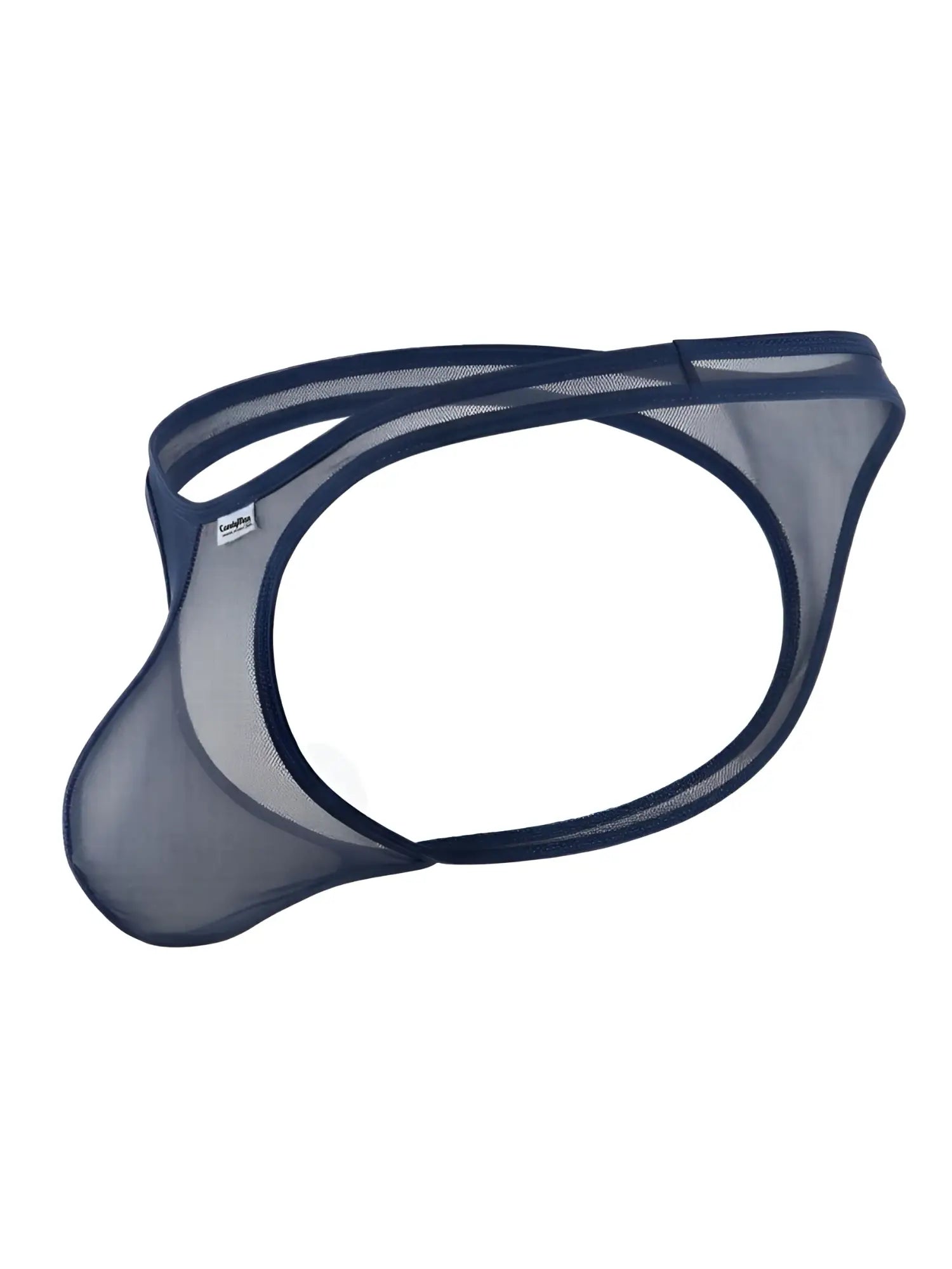 CandyMan navy mesh thong with a contoured pouch and minimalist, crisscross strap design against a white background.