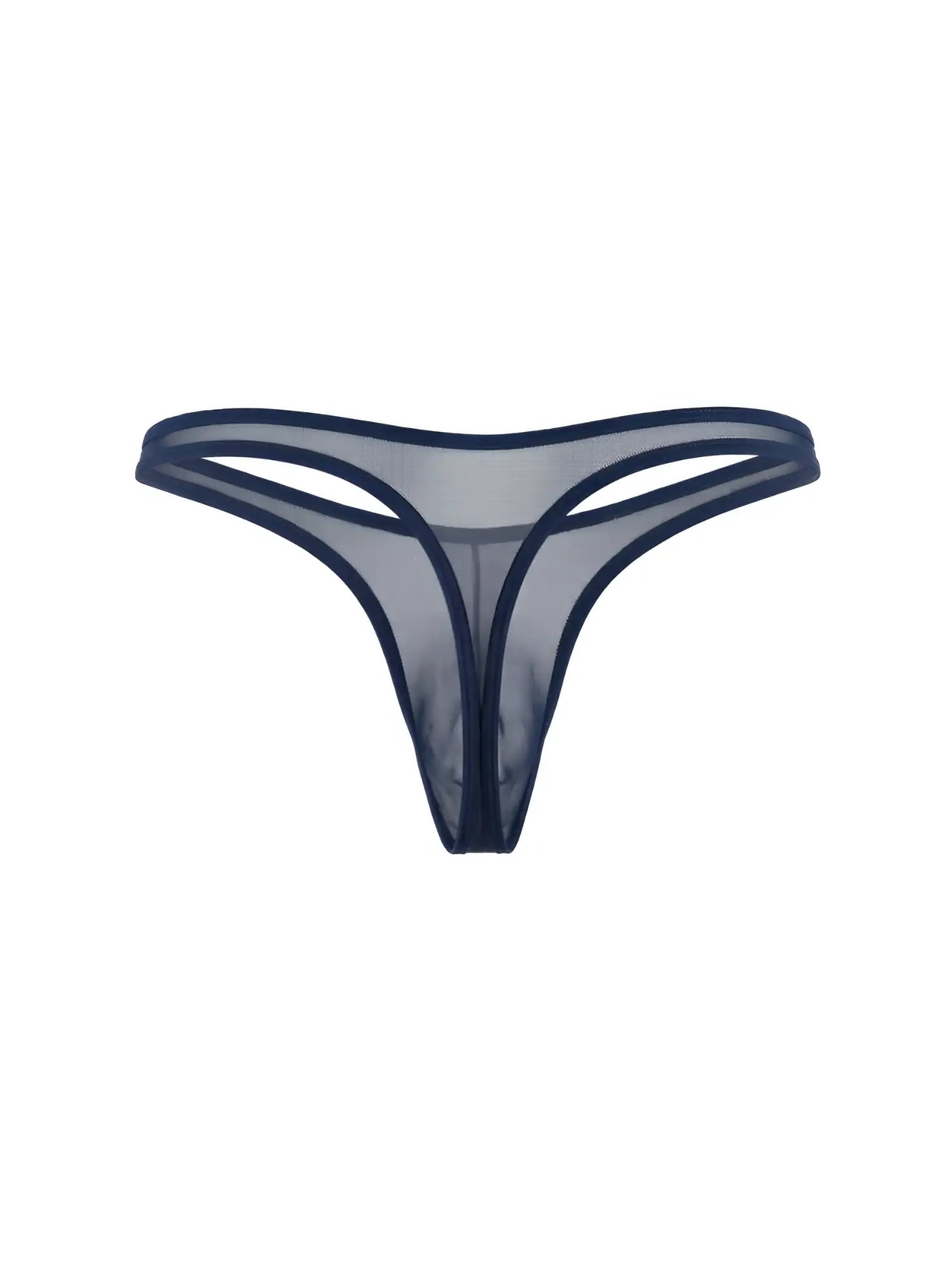 CandyMan navy mesh thong with thin, minimal sides and a sheer, minimalist design isolated on a white background.