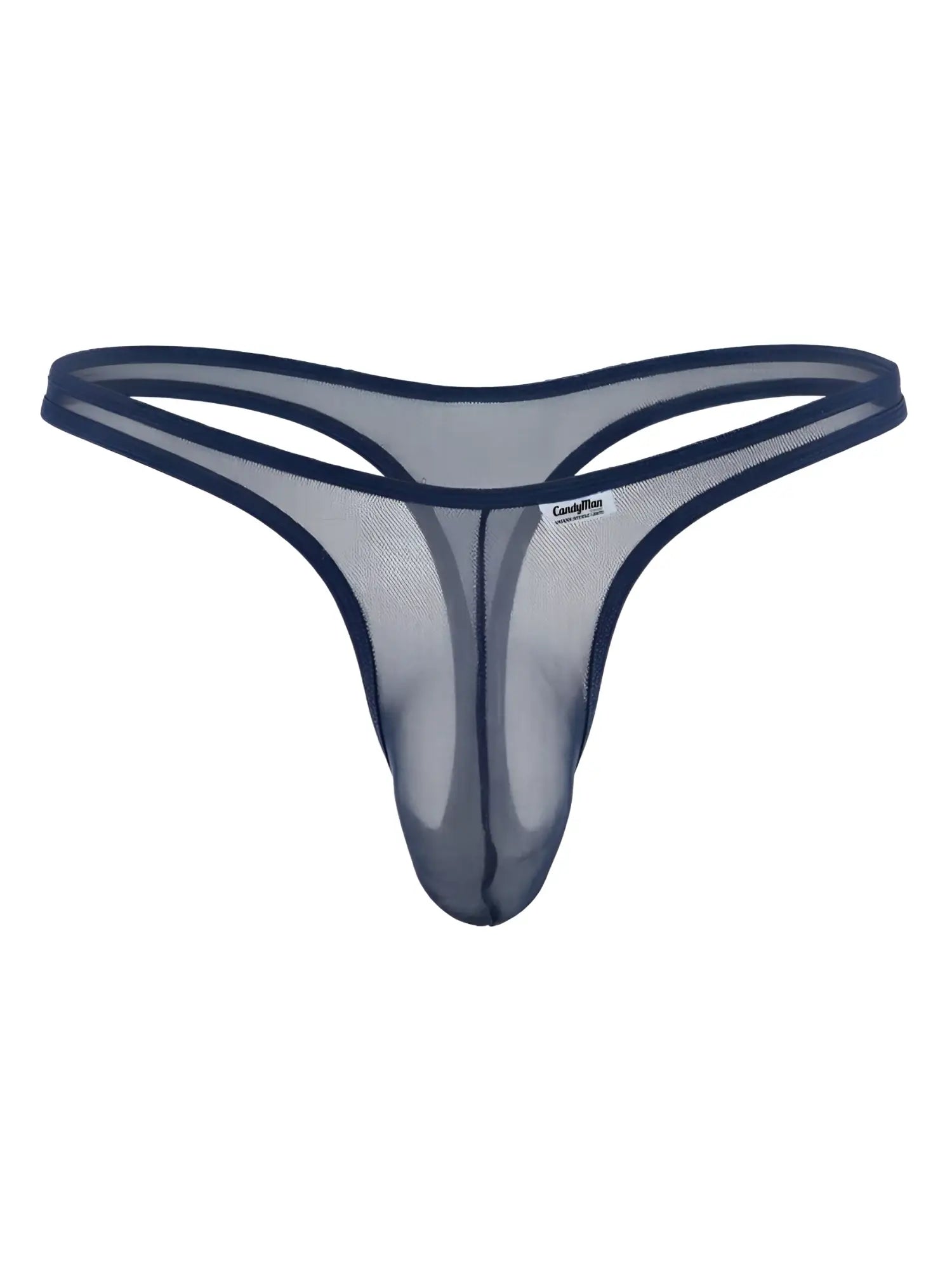 CandyMan navy blue mesh thong with a thin waistband and contoured front pouch on a plain white background.