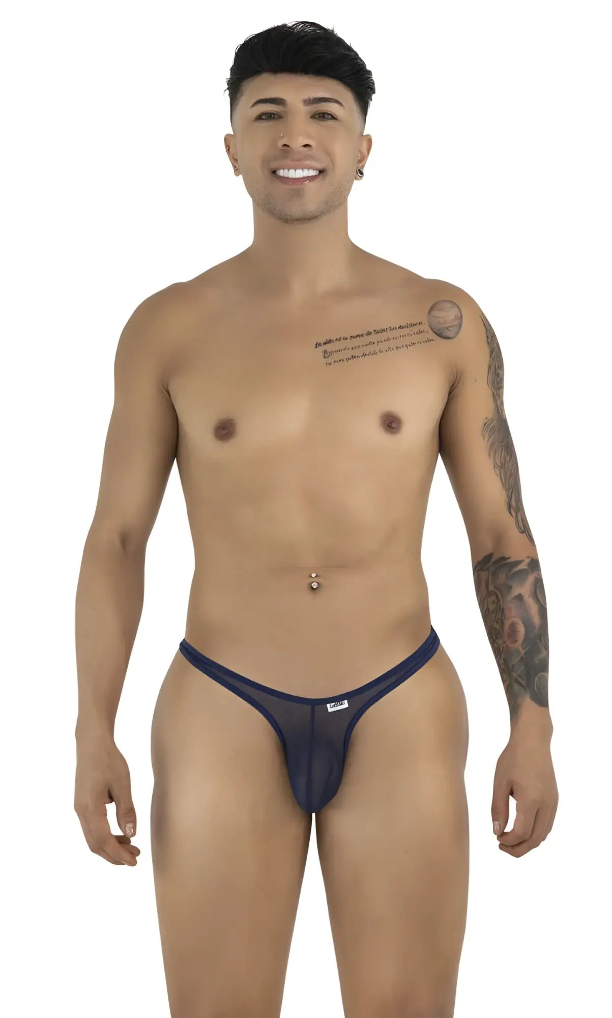 Model wearing CandyMan navy mesh thongs with thin, minimal side straps, posed standing against a white background.