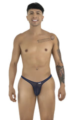 Model wearing CandyMan navy mesh thongs with thin, minimal side straps, posed standing against a white background.