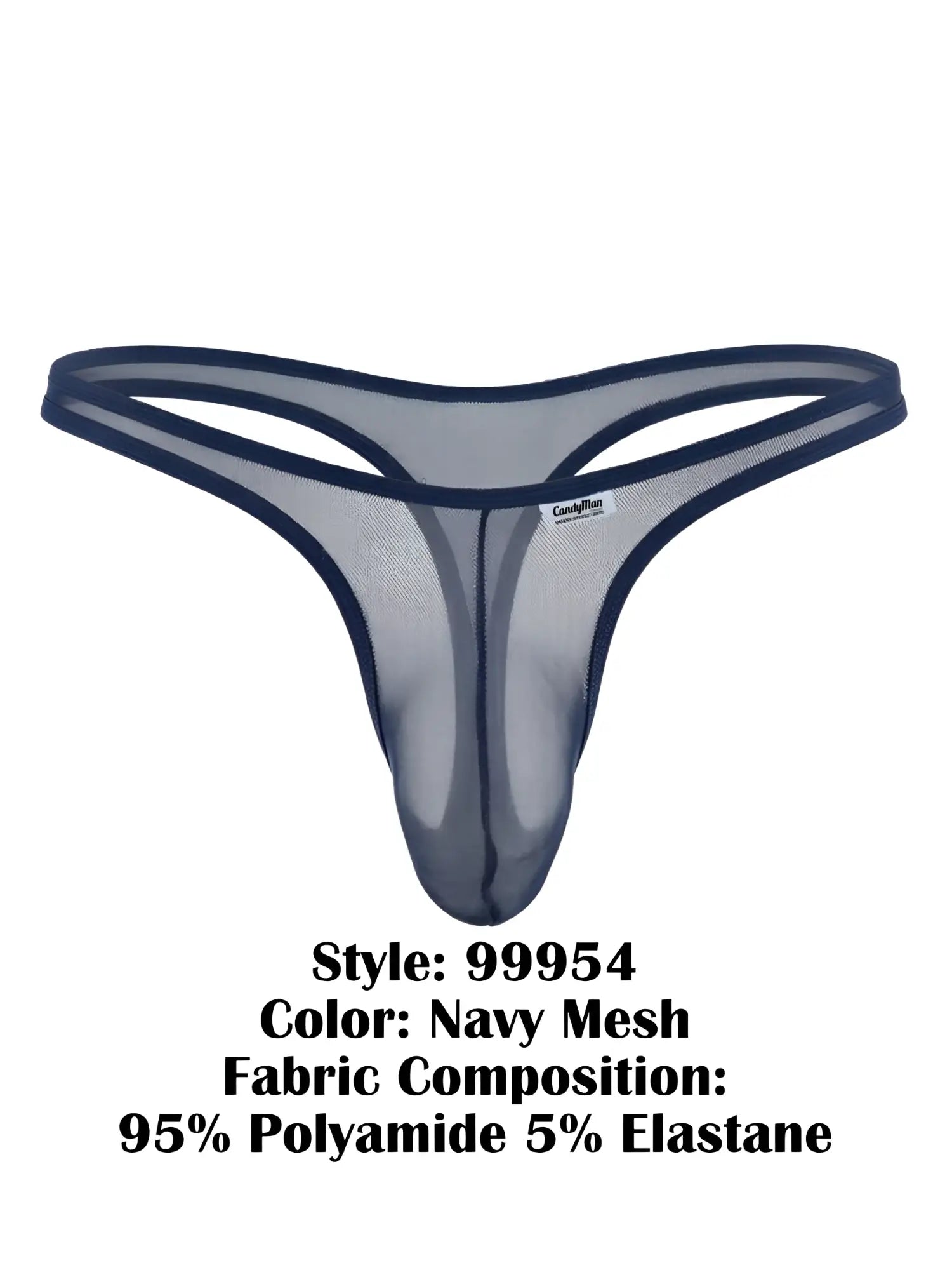 CandyMan navy mesh thongs for men, featuring a minimalist, sheer fabric design with a branded waistband label.