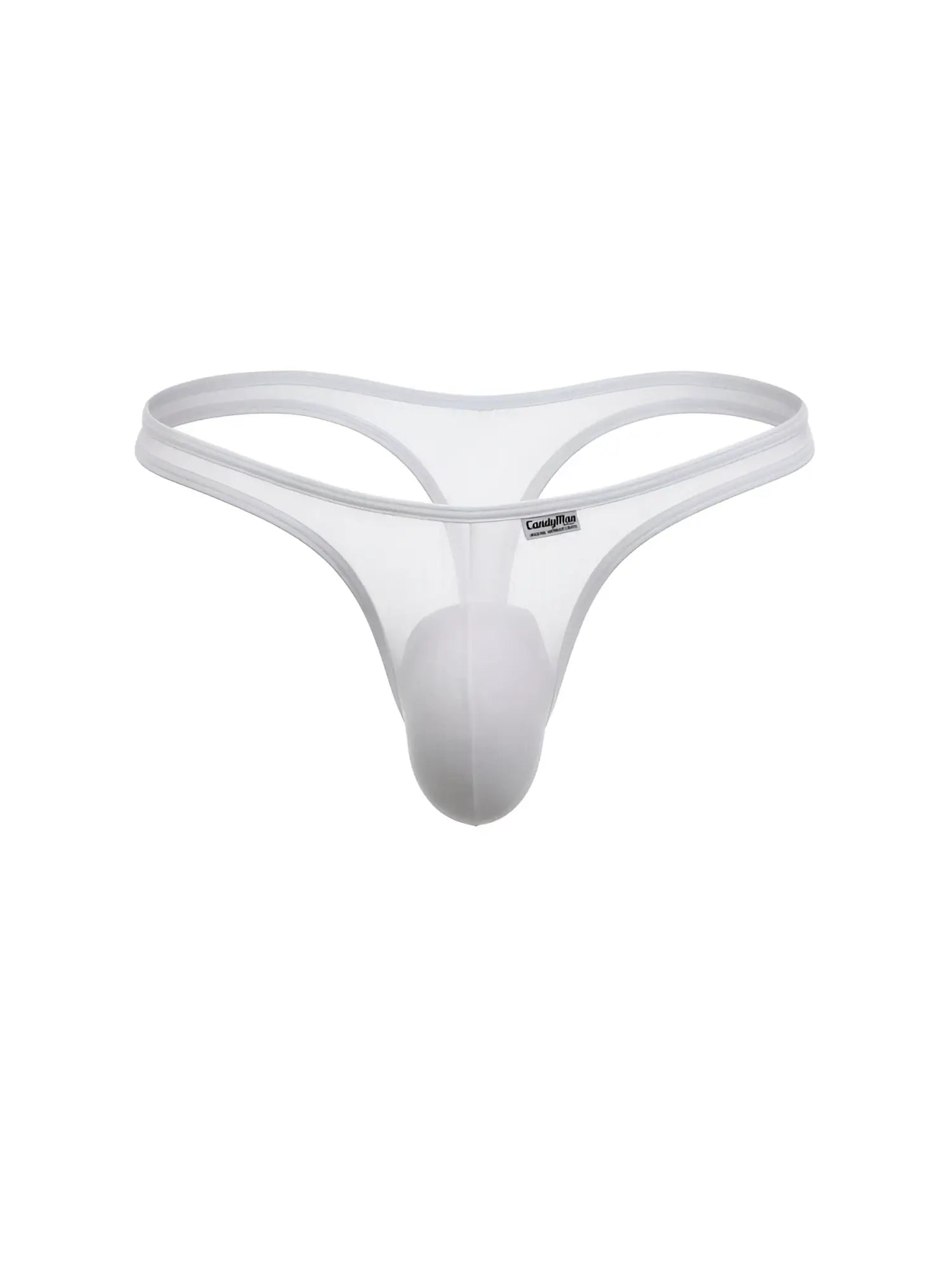 CandyMan white mesh thong with a contoured pouch and slim elastic waistband on a white background.