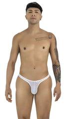 CandyMan white mesh thong featuring a minimalist, low-rise style worn by a standing man.