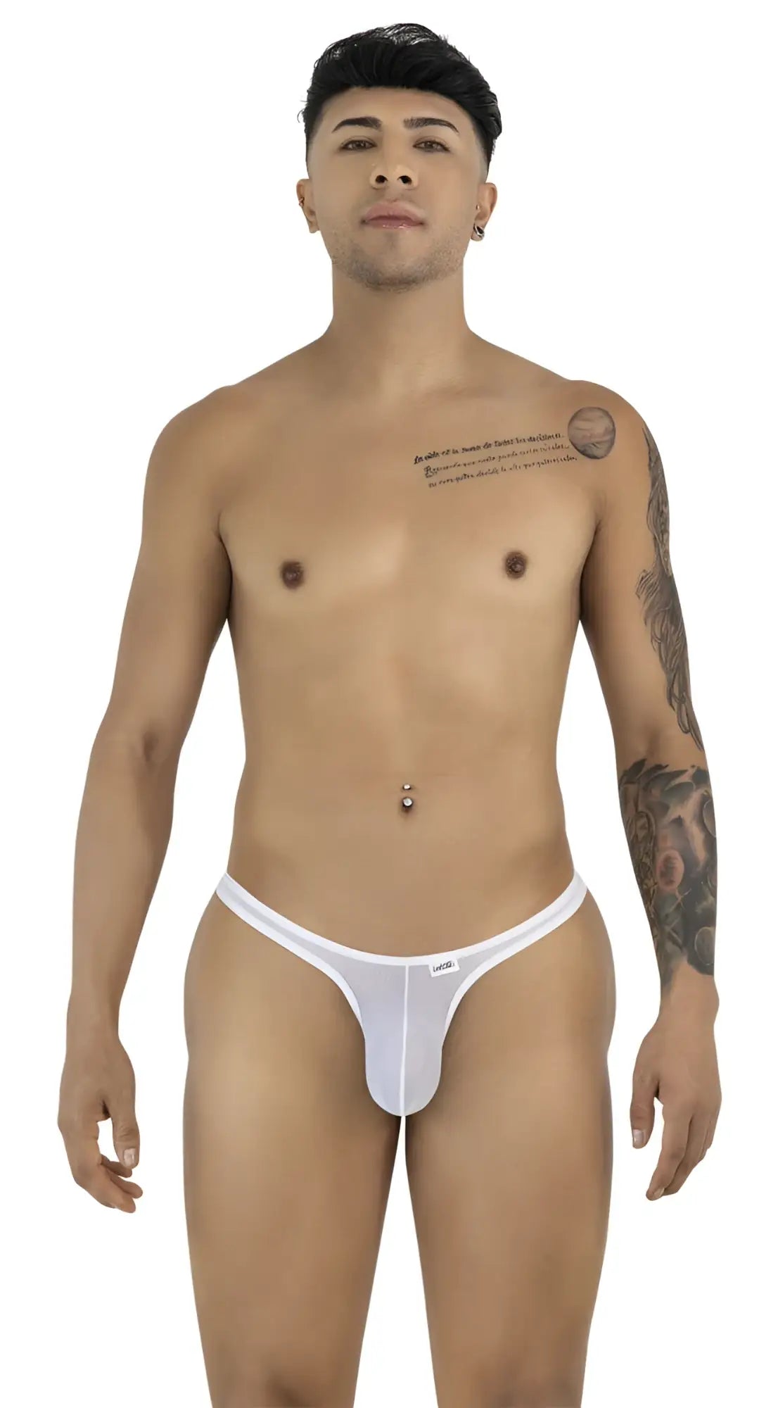 CandyMan white mesh thong worn by a shirtless man standing straight, featuring a minimal fit and branding on the front.