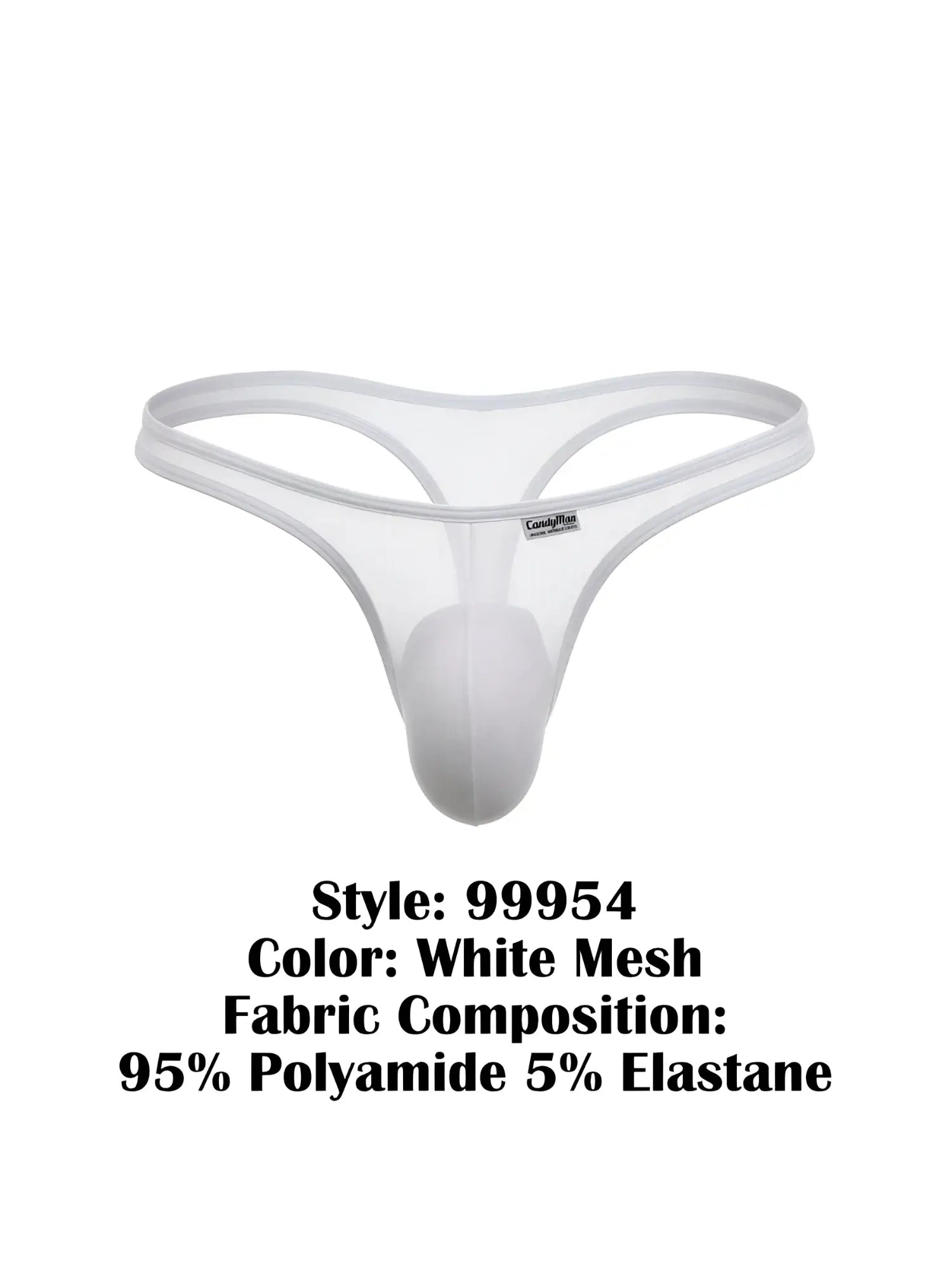 CandyMan white mesh thong with a contoured pouch and thin elastic waistband on a plain white background.