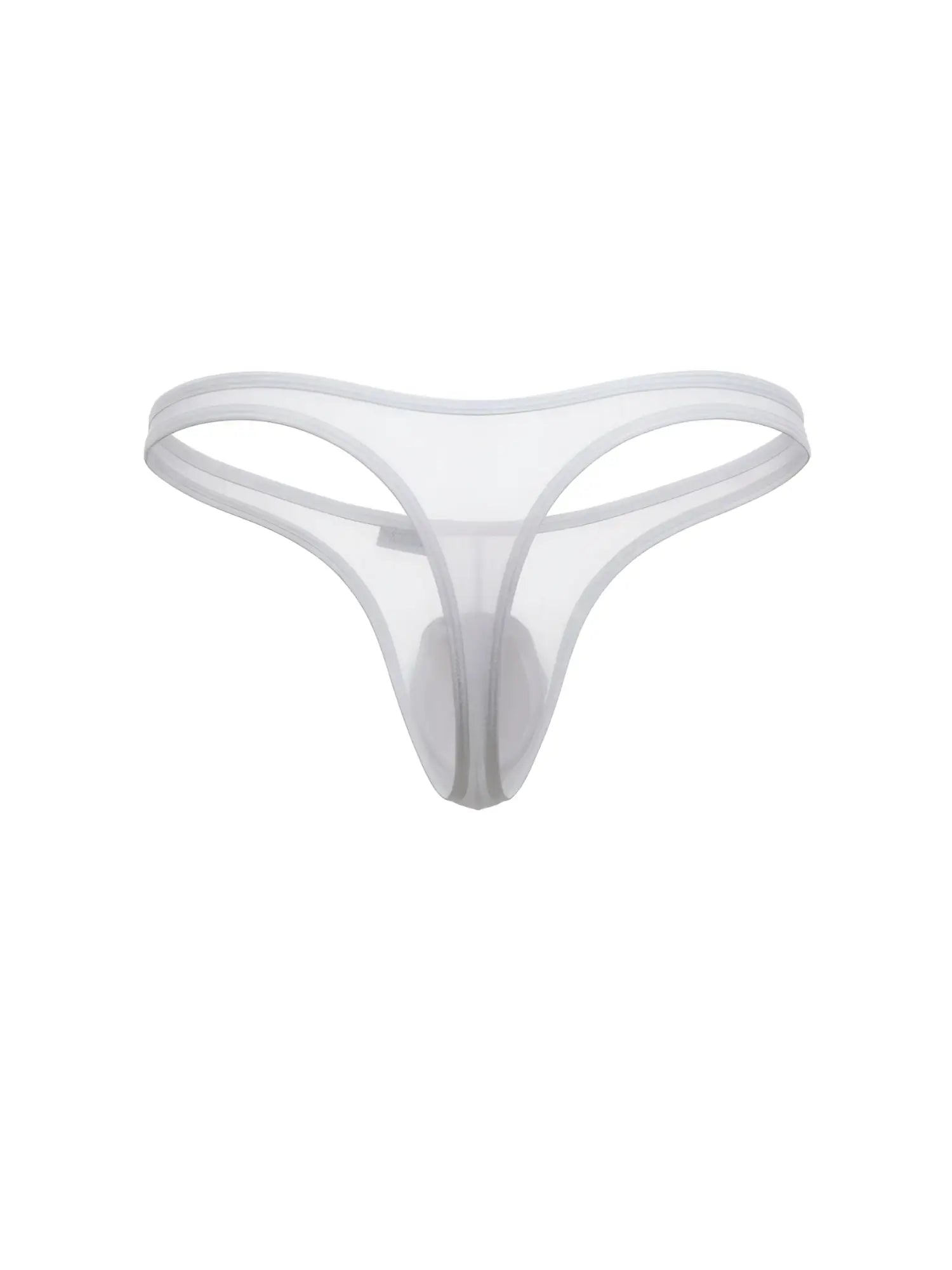 CandyMan white mesh thong with a minimalist, low-rise, sheer design against a plain white background.