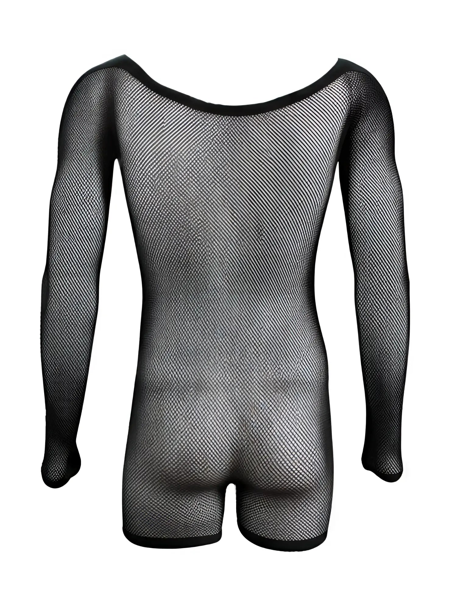 CandyMan black fishnet long-sleeve bodysuit, shown from the back on an invisible mannequin.