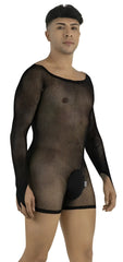CandyMan black mesh long-sleeve bodysuit with a scoop neck and solid pouch, worn by a man in a side-profile pose.