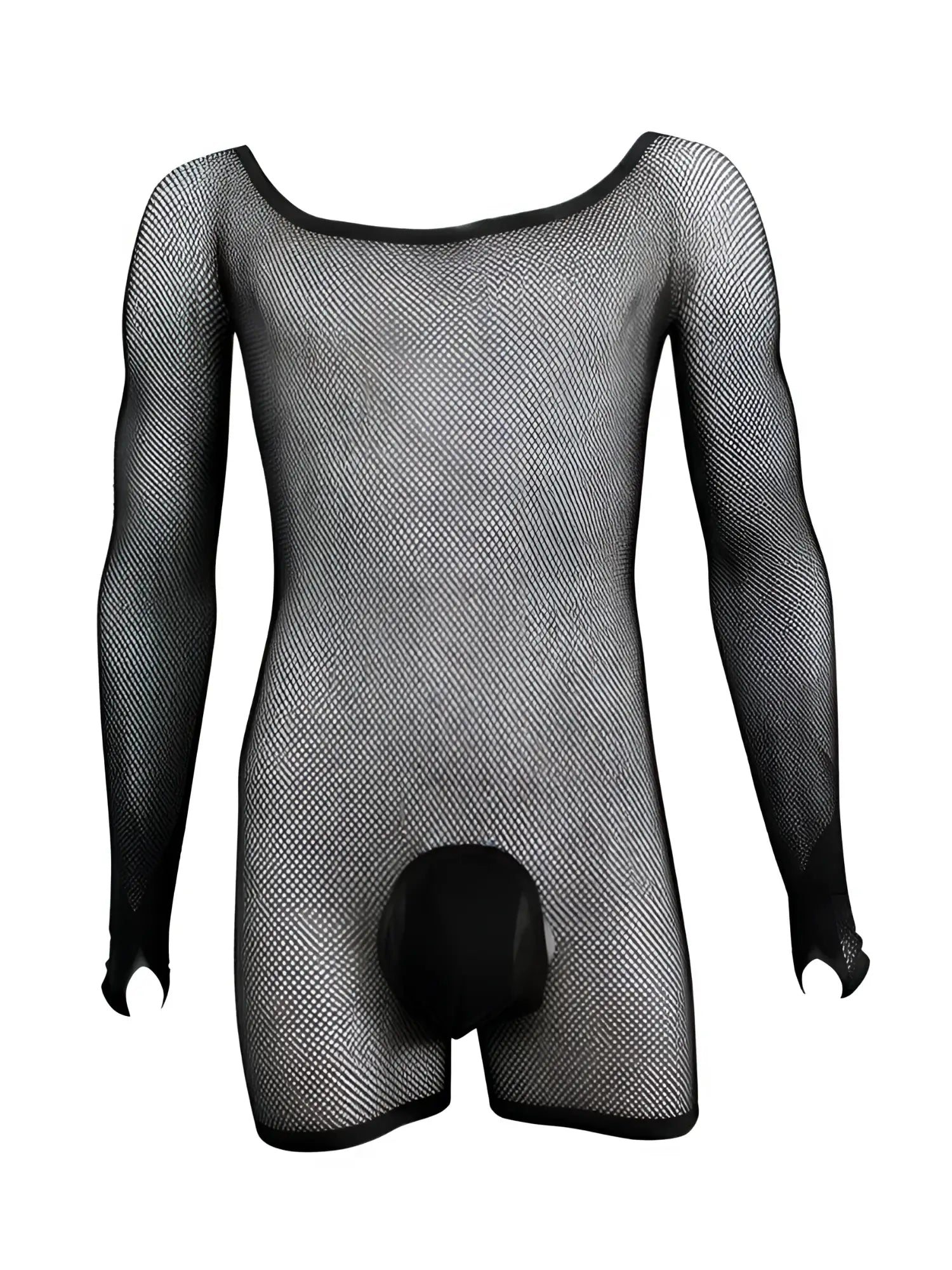 CandyMan black fishnet bodysuit with long sleeves, round neck, and a solid opaque pouch.