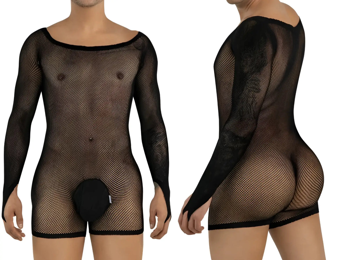 CandyMan black fishnet long-sleeve bodysuit with a solid pouch, shown from front and side views on a model.