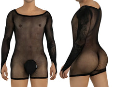 CandyMan black fishnet long-sleeve bodysuit with a solid pouch, shown from front and side views on a model.
