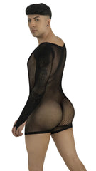 CandyMan black fishnet bodysuit with long sleeves and short hem, worn by a model in a side-profile pose.