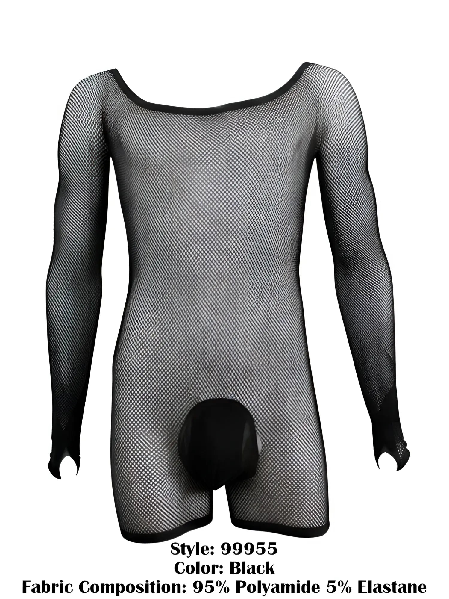 CandyMan black long-sleeve fishnet bodysuit with a solid pouch, presented on a mannequin against a white background.