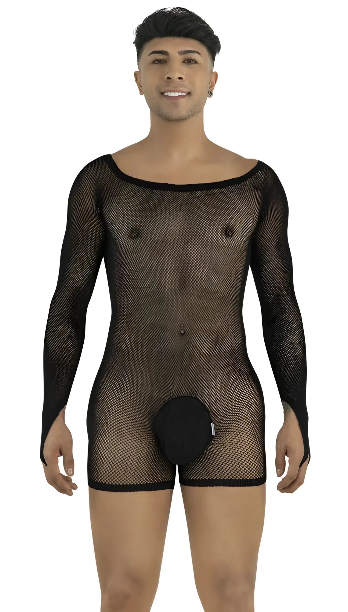 CandyMan black fishnet bodysuit with long sleeves, scoop neck, and a solid opaque pouch. Model standing, front view.