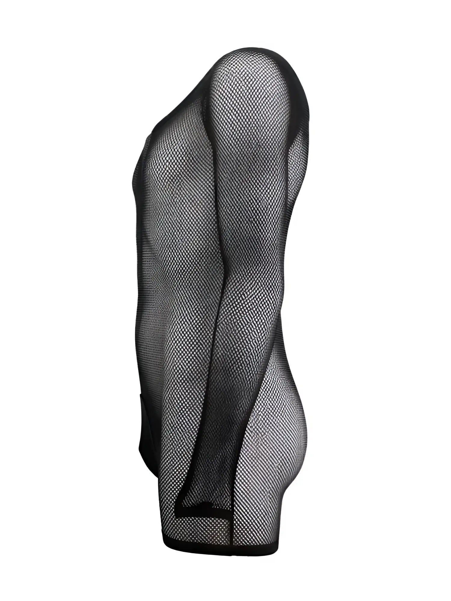 CandyMan black mesh bodysuit for men, featuring long sleeves and a fitted, side-profile view on a mannequin.