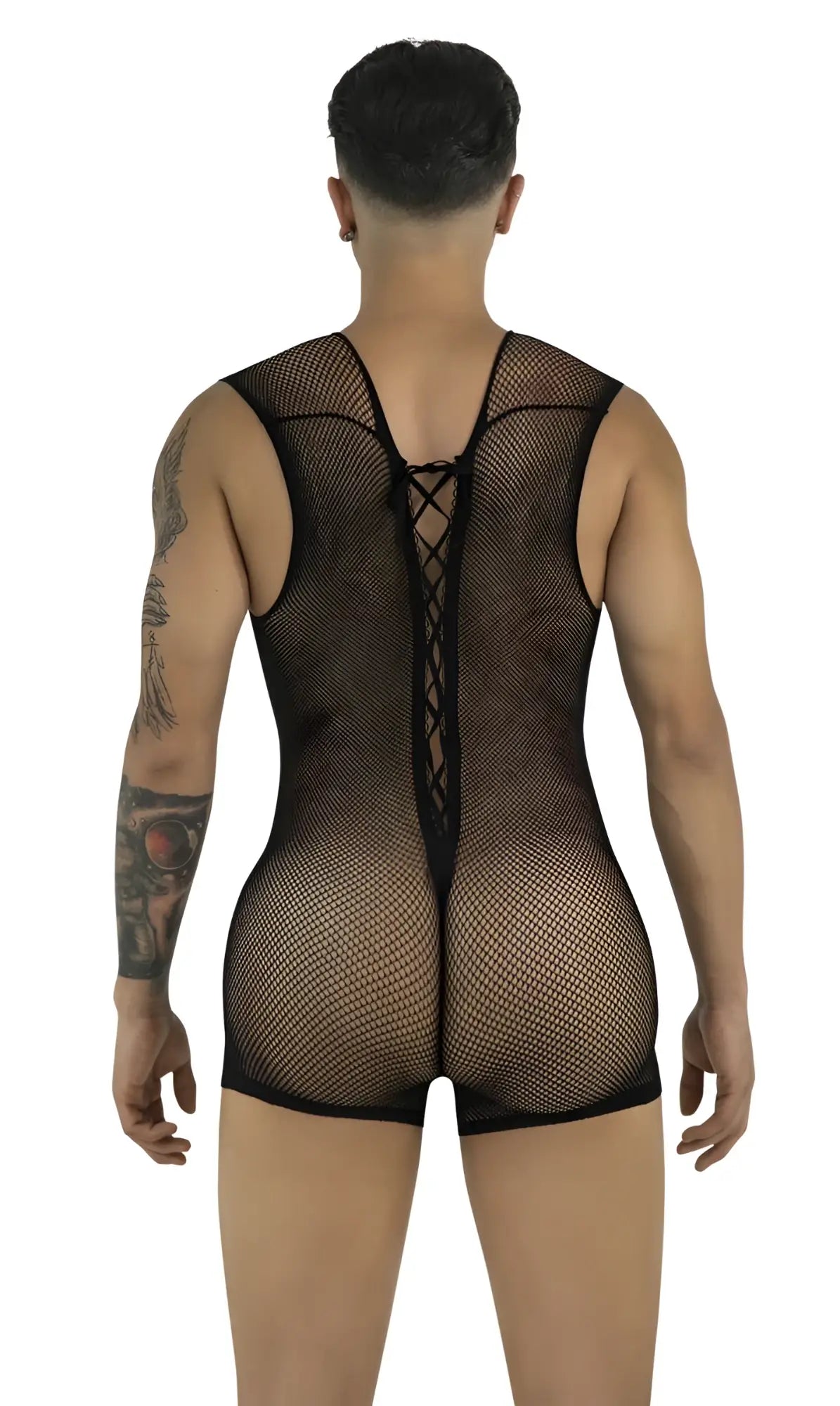 CandyMan black mesh bodysuit with a lace-up back, seen from behind on a male model.