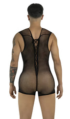 CandyMan black mesh bodysuit with a lace-up back, seen from behind on a male model.