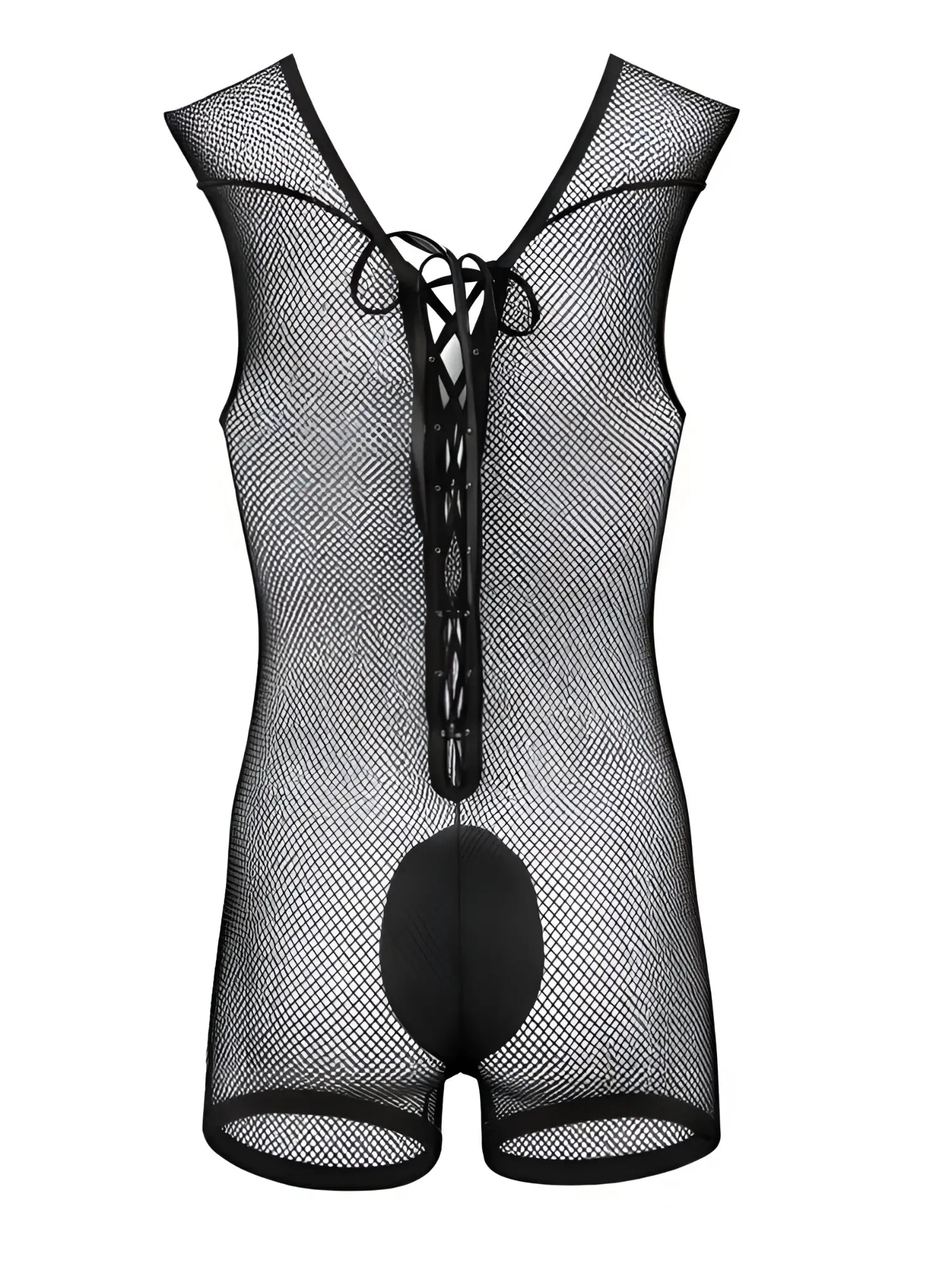 CandyMan black mesh bodysuit featuring a lace-up front detail and a solid opaque panel in the crotch.