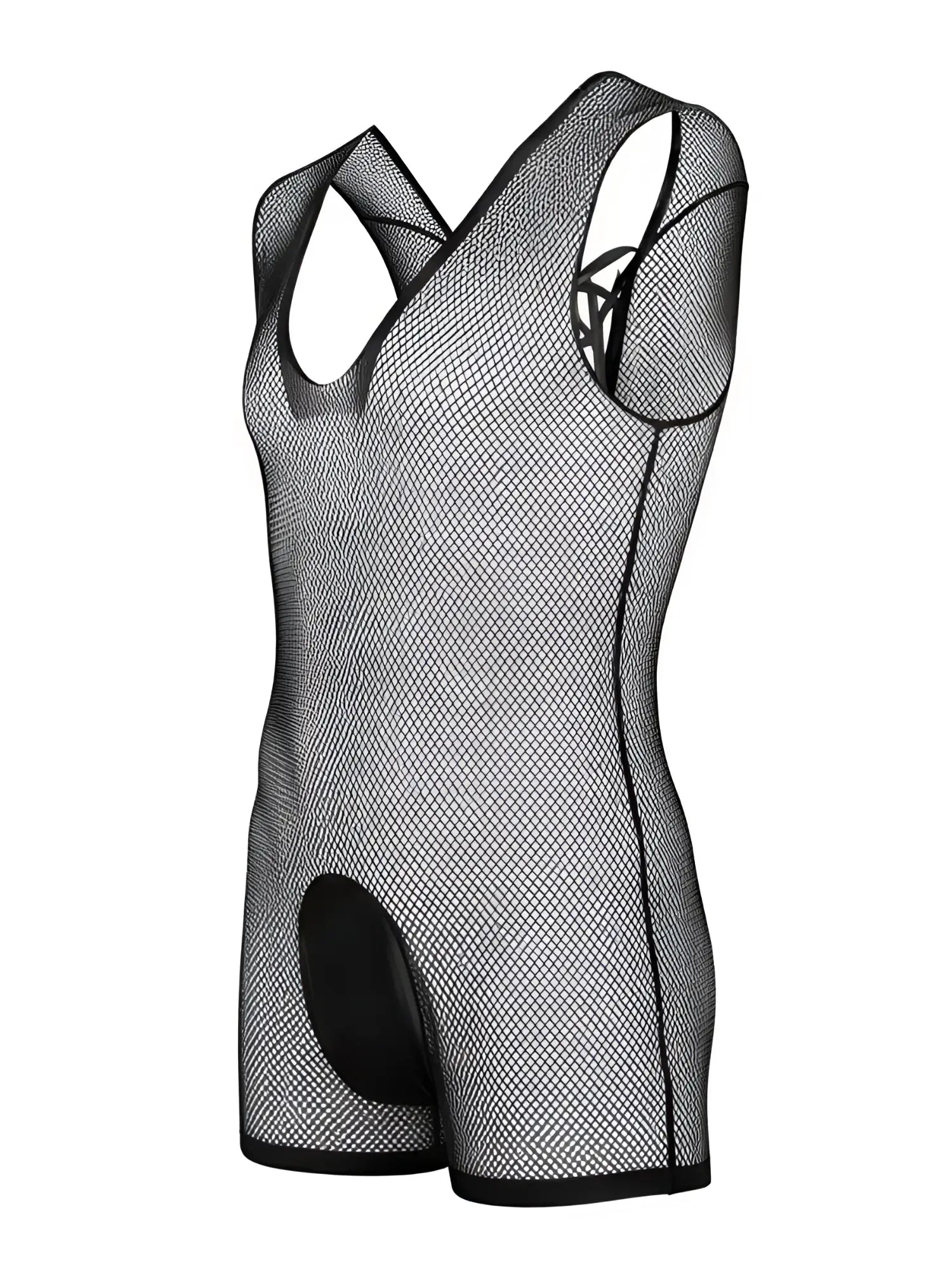 CandyMan black mesh bodysuit featuring a deep scoop neck, wide shoulder straps, and a solid opaque pouch.