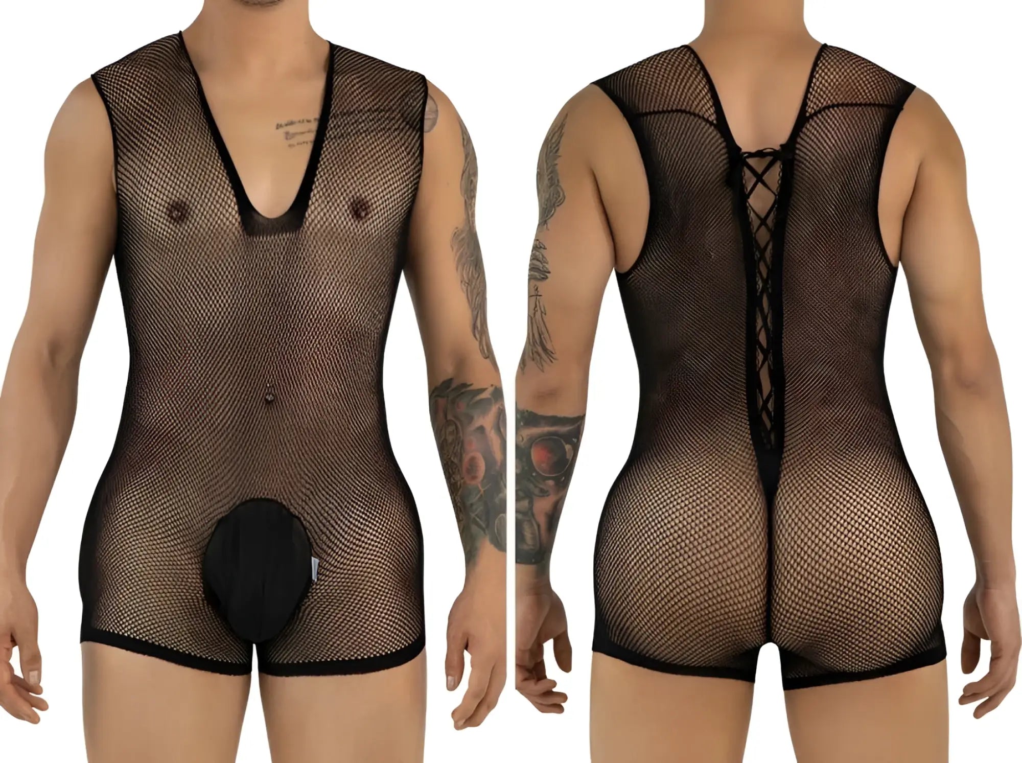 CandyMan black fishnet bodysuit shown from front and back, featuring a lace-up back and solid front pouch.