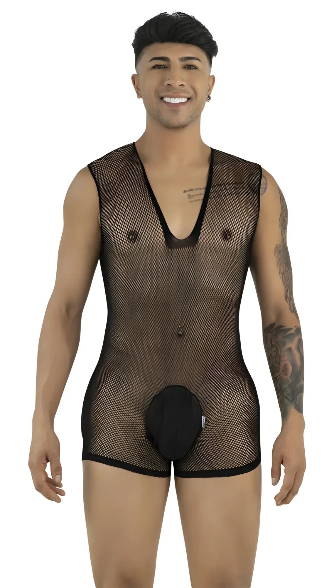 Model wearing a black CandyMan mesh bodysuit with a deep V-neck and solid pouch, standing against a white background.