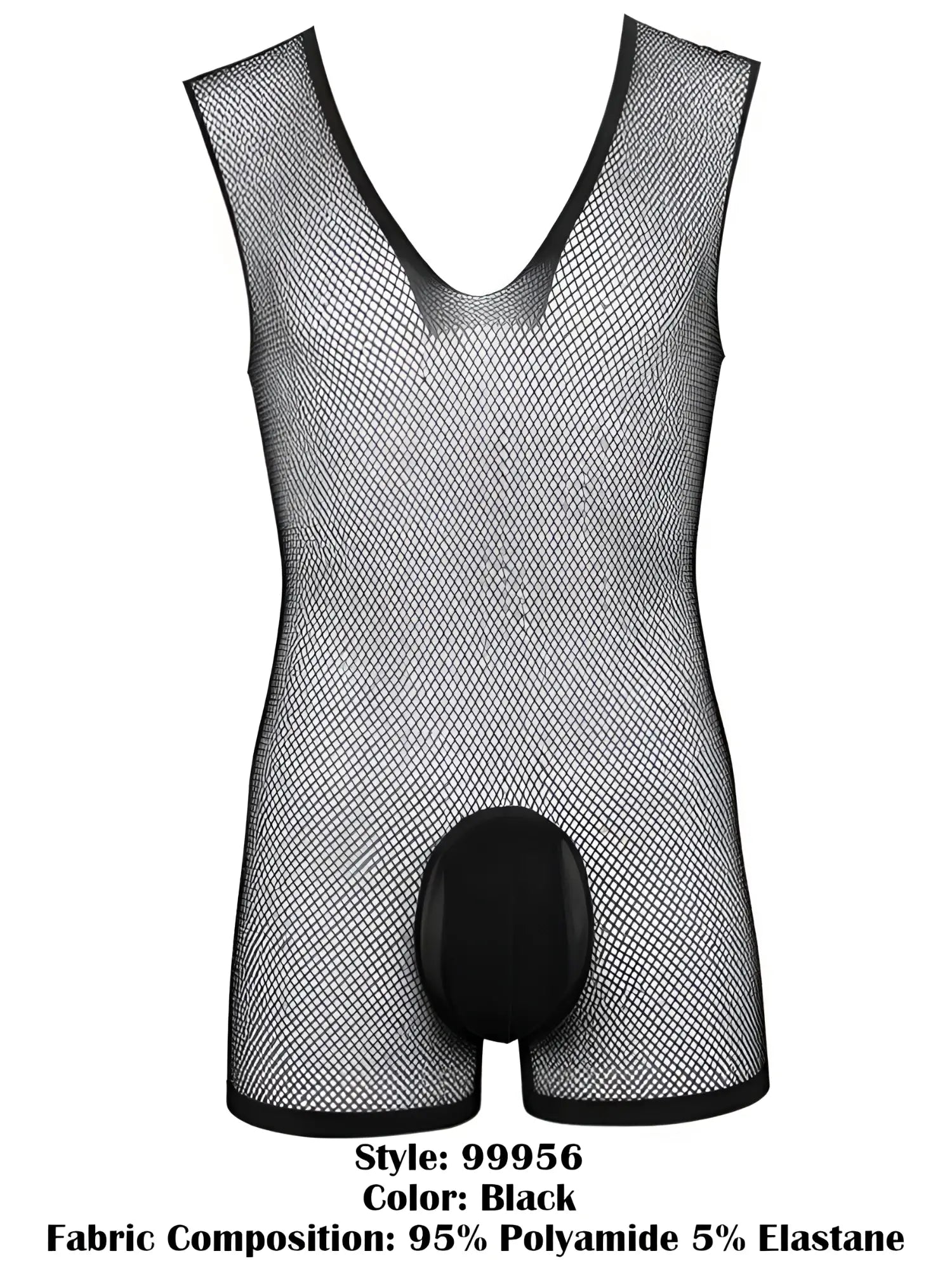 CandyMan black mesh bodysuit with a sleeveless V-neck design and a solid opaque front pouch.