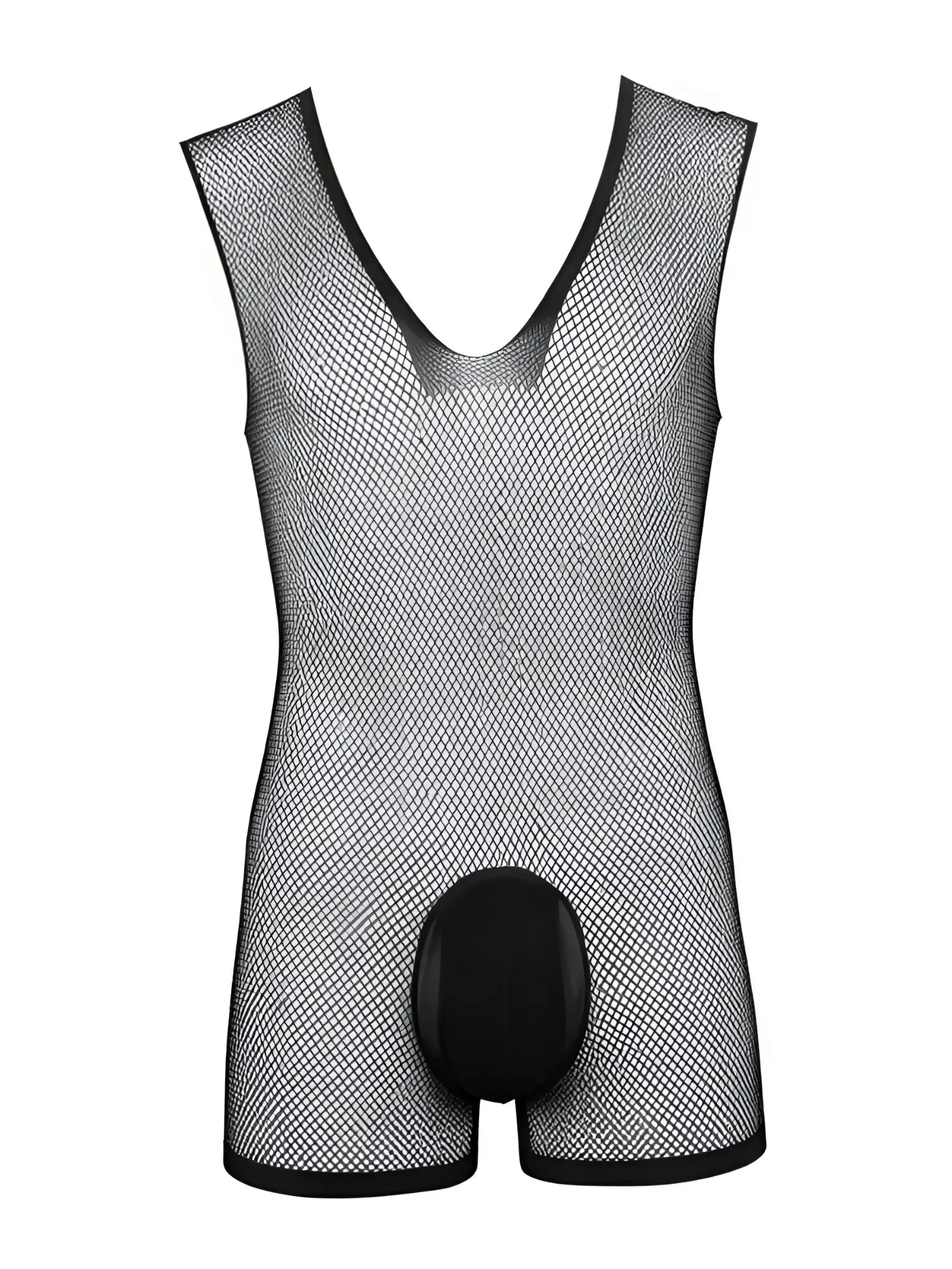 CandyMan black fishnet bodysuit with sleeveless deep V-neck, fitted cut, and solid opaque pouch.