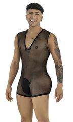 Model wearing a black CandyMan mesh bodysuit with a deep V-neck and solid pouch, standing against a white background.