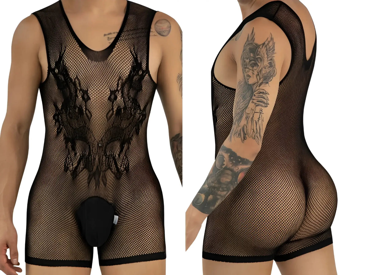 CandyMan black mesh bodysuit with front pouch, shown from front and back views on a tattooed model.