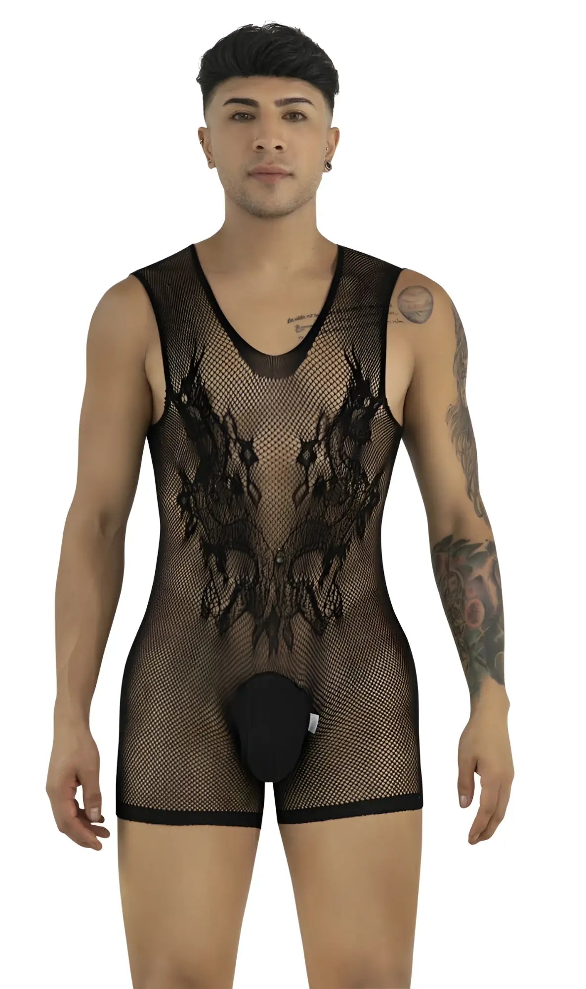 CandyMan black fishnet bodysuit with scoop neck and solid pouch, worn by a man against a white background.