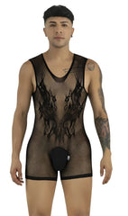 CandyMan black fishnet bodysuit with scoop neck and solid pouch, worn by a man against a white background.
