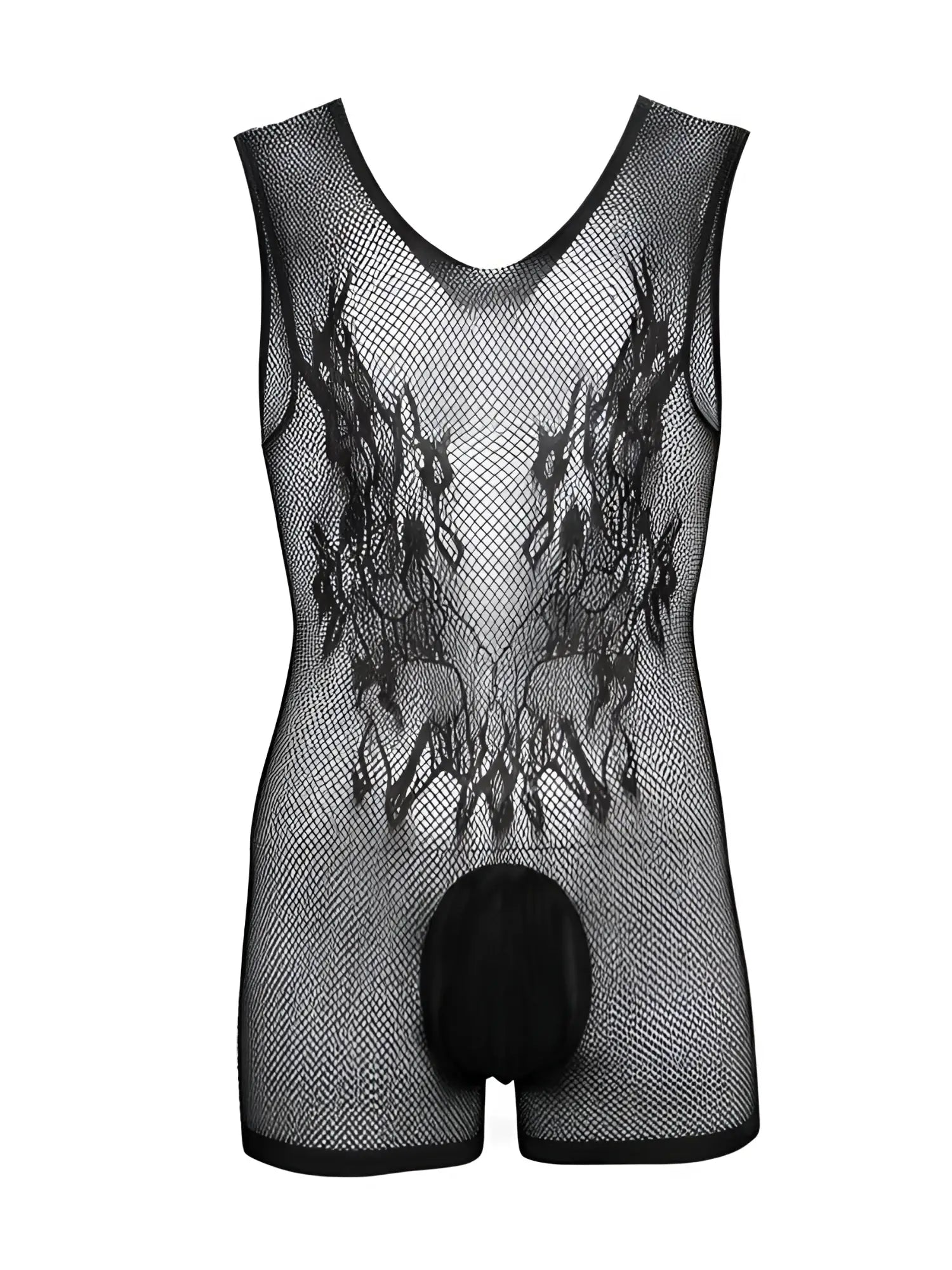 CandyMan black mesh bodysuit featuring a sleeveless tank style, intricate front pattern, and a solid opaque pouch.