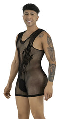 CandyMan black sleeveless fishnet bodysuit with lace detailing and pouch, worn by a smiling tattooed male model.