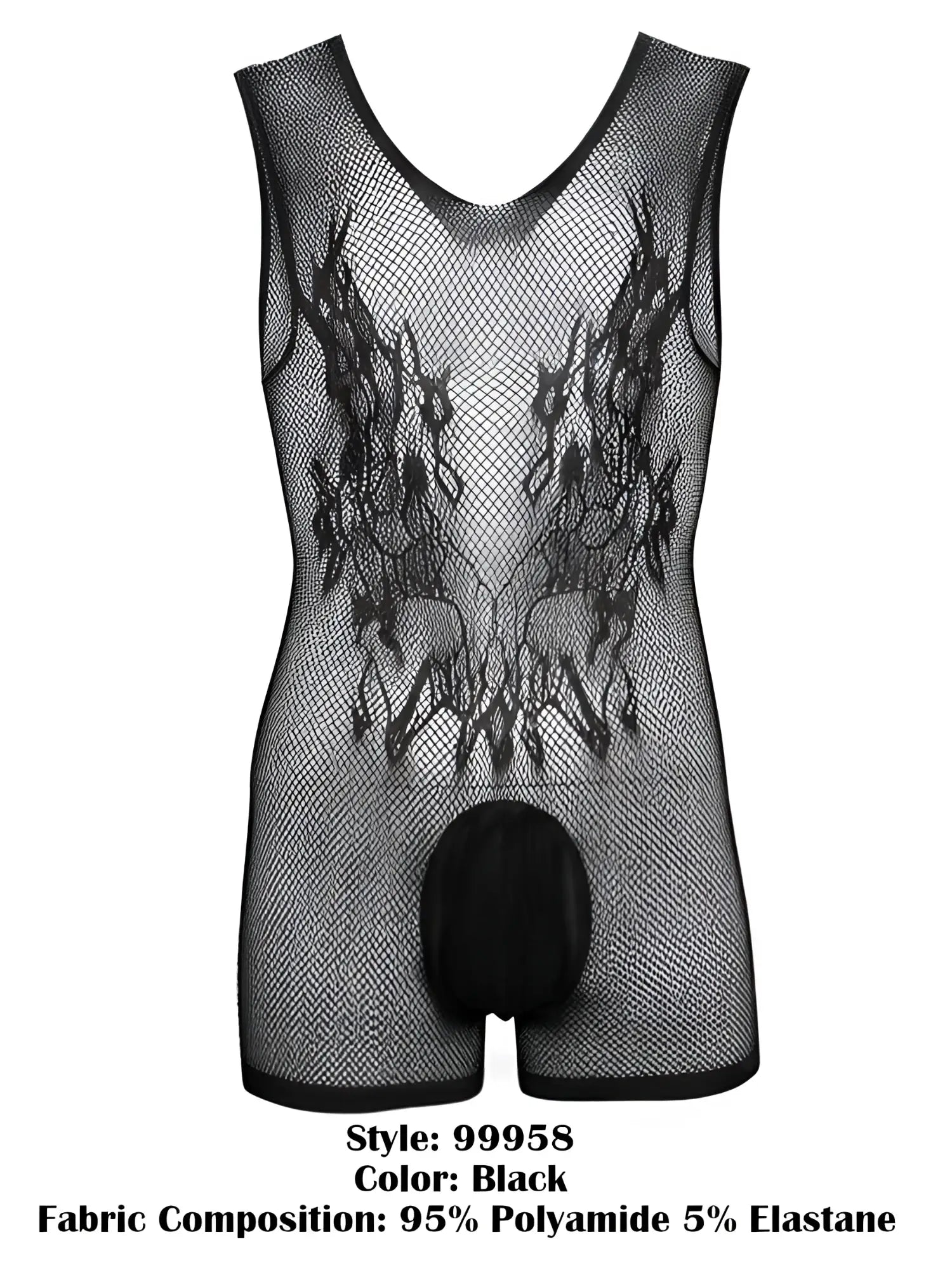 CandyMan black mesh bodysuit featuring a V-neck, sleeveless design, intricate patterned detailing, and a solid pouch.