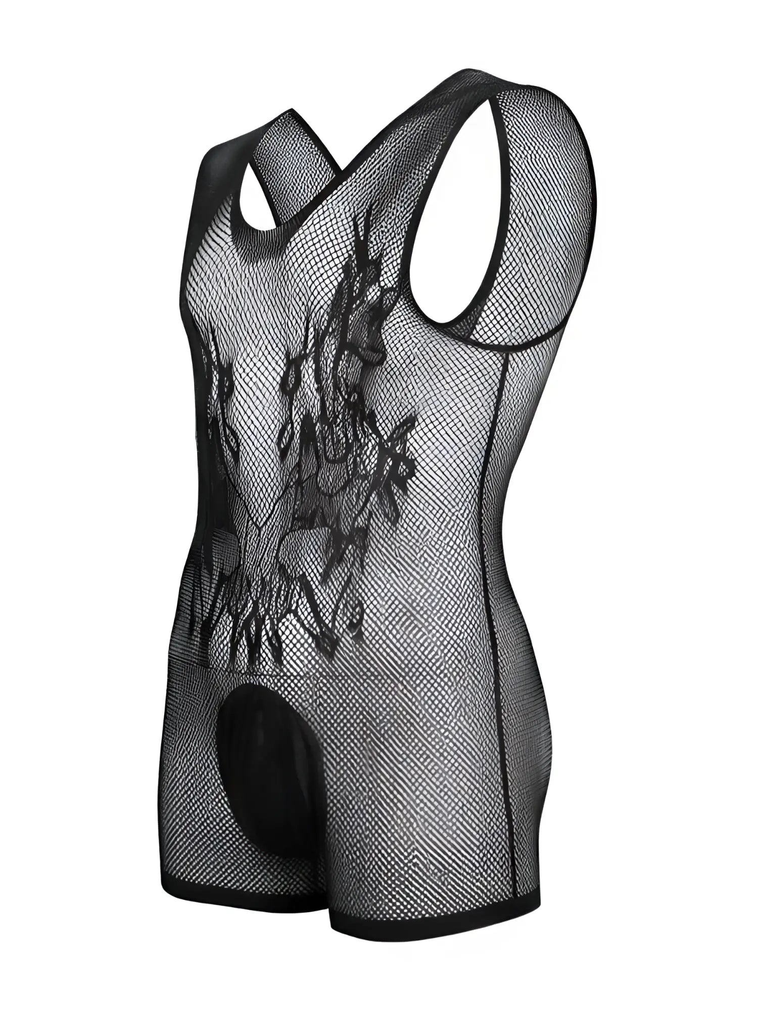 CandyMan black mesh bodysuit featuring a skull graphic, sleeveless design, and an opaque contoured pouch.