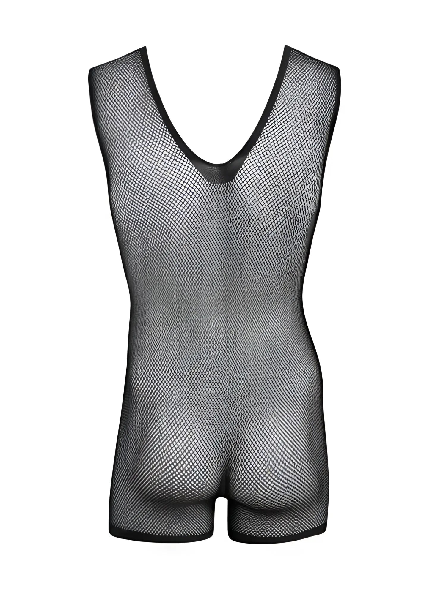 CandyMan black fishnet bodysuit with deep V-neck and short leg style, displayed on a ghost mannequin.