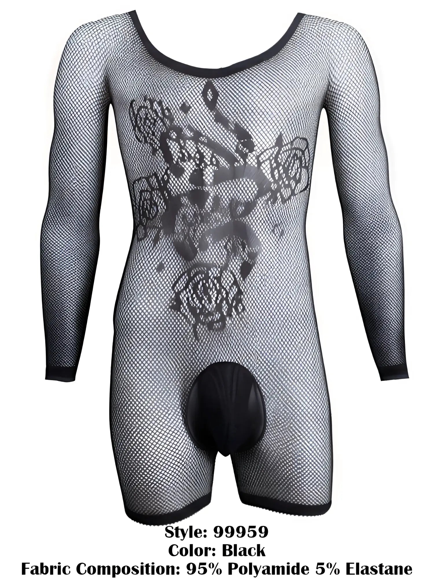 CandyMan black fishnet bodysuit with long sleeves, opaque pouch, and rose-patterned detail on the torso.
