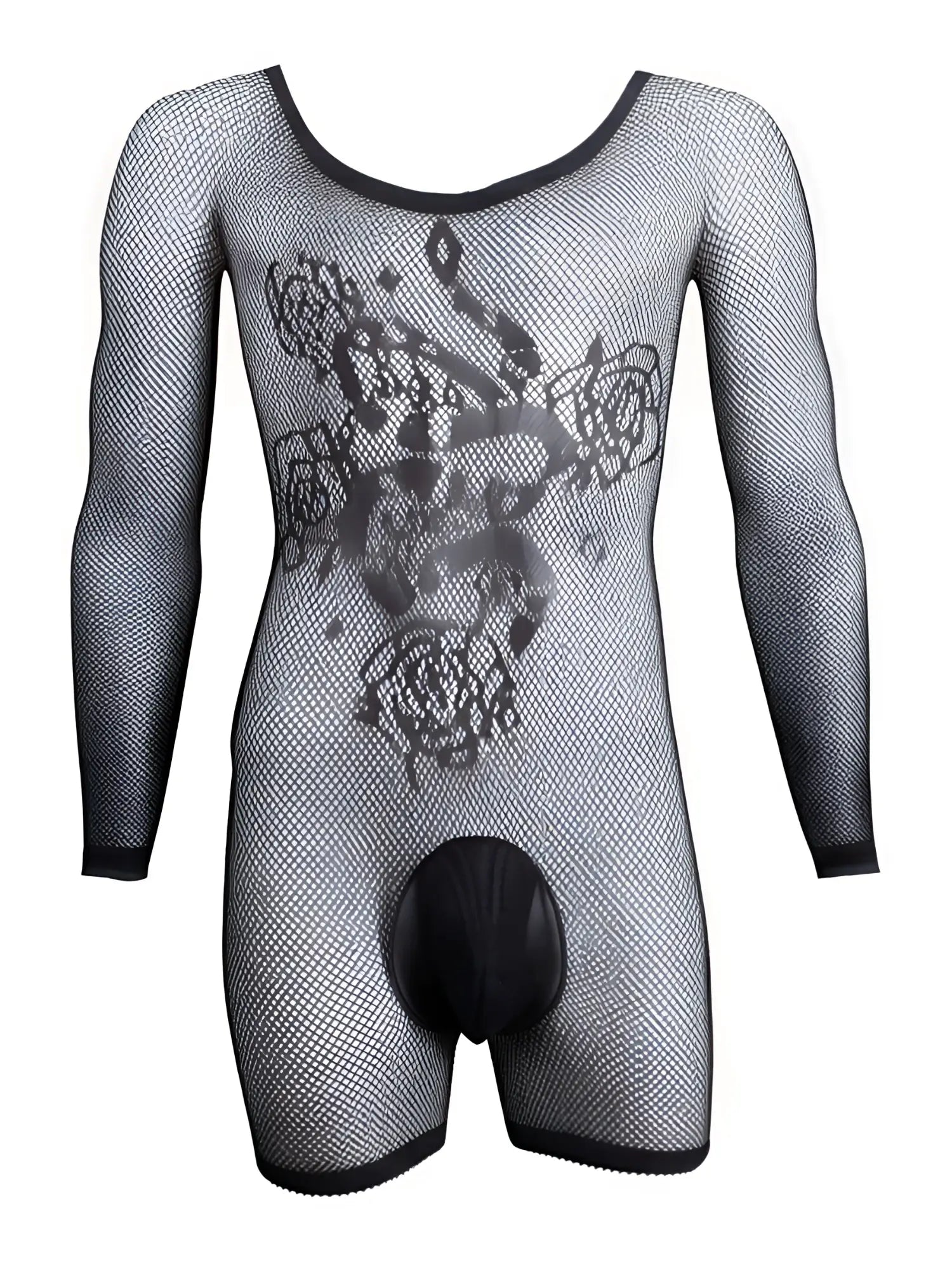 CandyMan black fishnet long-sleeve bodysuit with floral graphic print and a solid black pouch front.