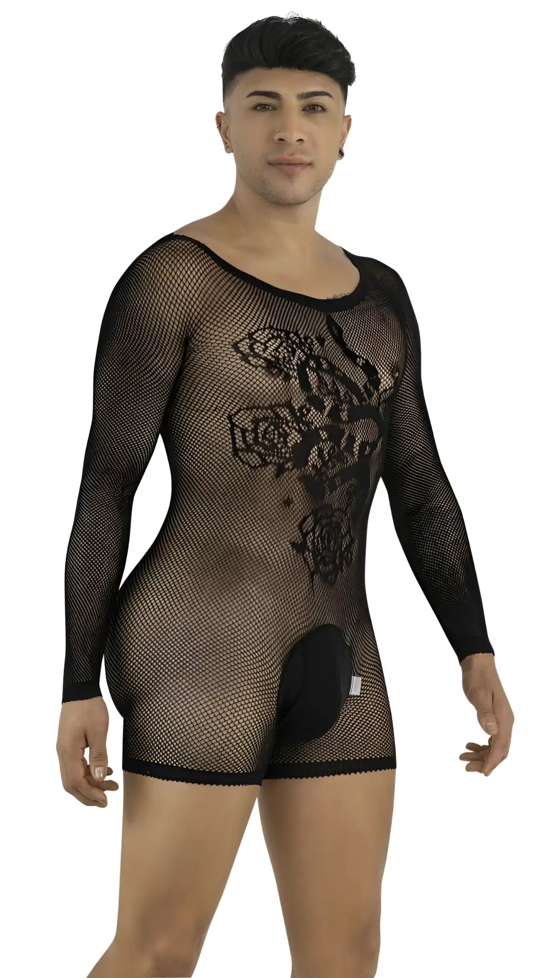 CandyMan black fishnet long-sleeve bodysuit with floral pattern and solid crotch pouch on a male model.