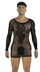 CandyMan black fishnet bodysuit with long sleeves, scoop neck, and an opaque front pouch. Model facing forward.