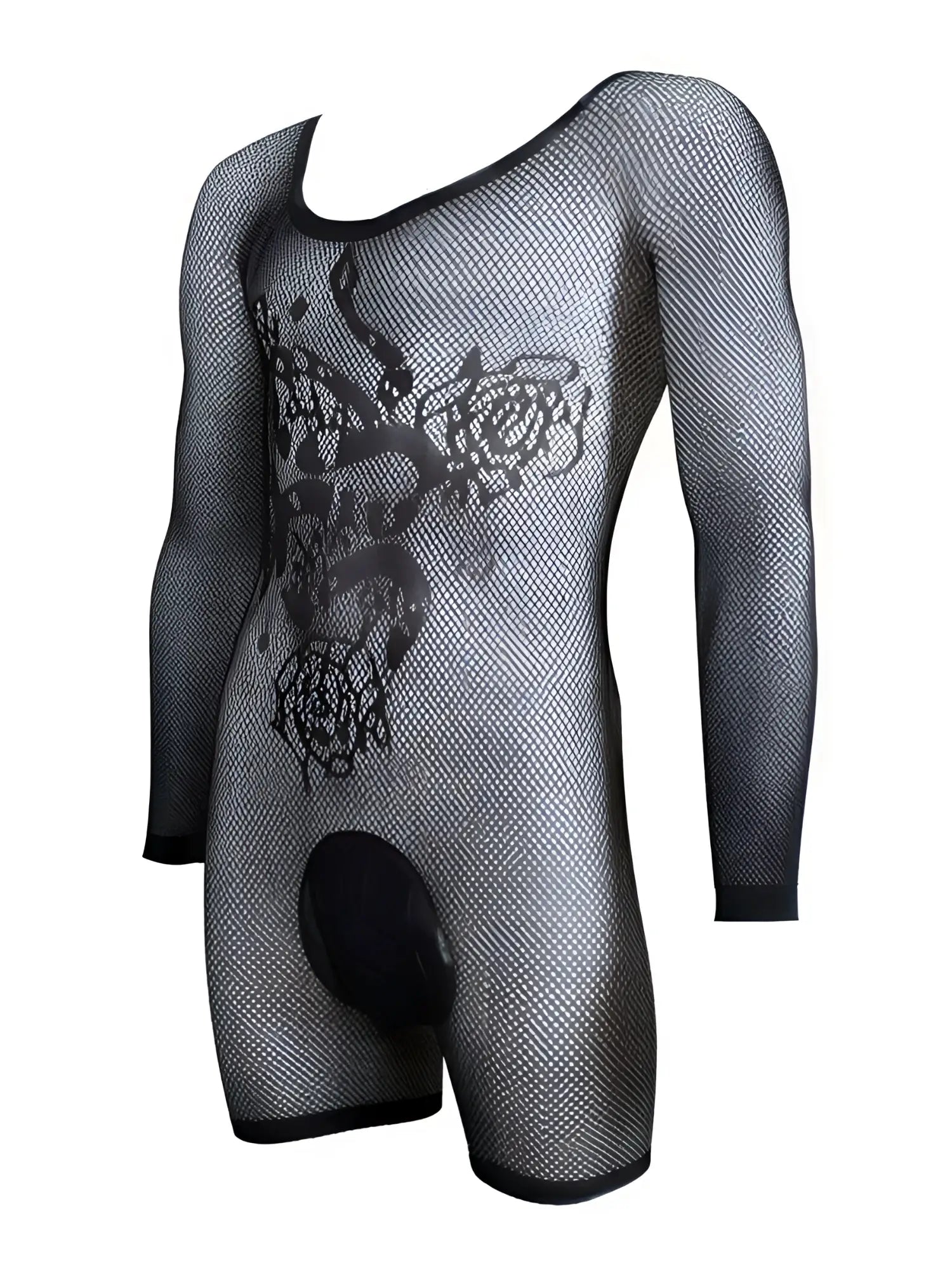 CandyMan black mesh bodysuit with long sleeves, scoop neck, floral tattoo-style print, and a solid opaque pouch.