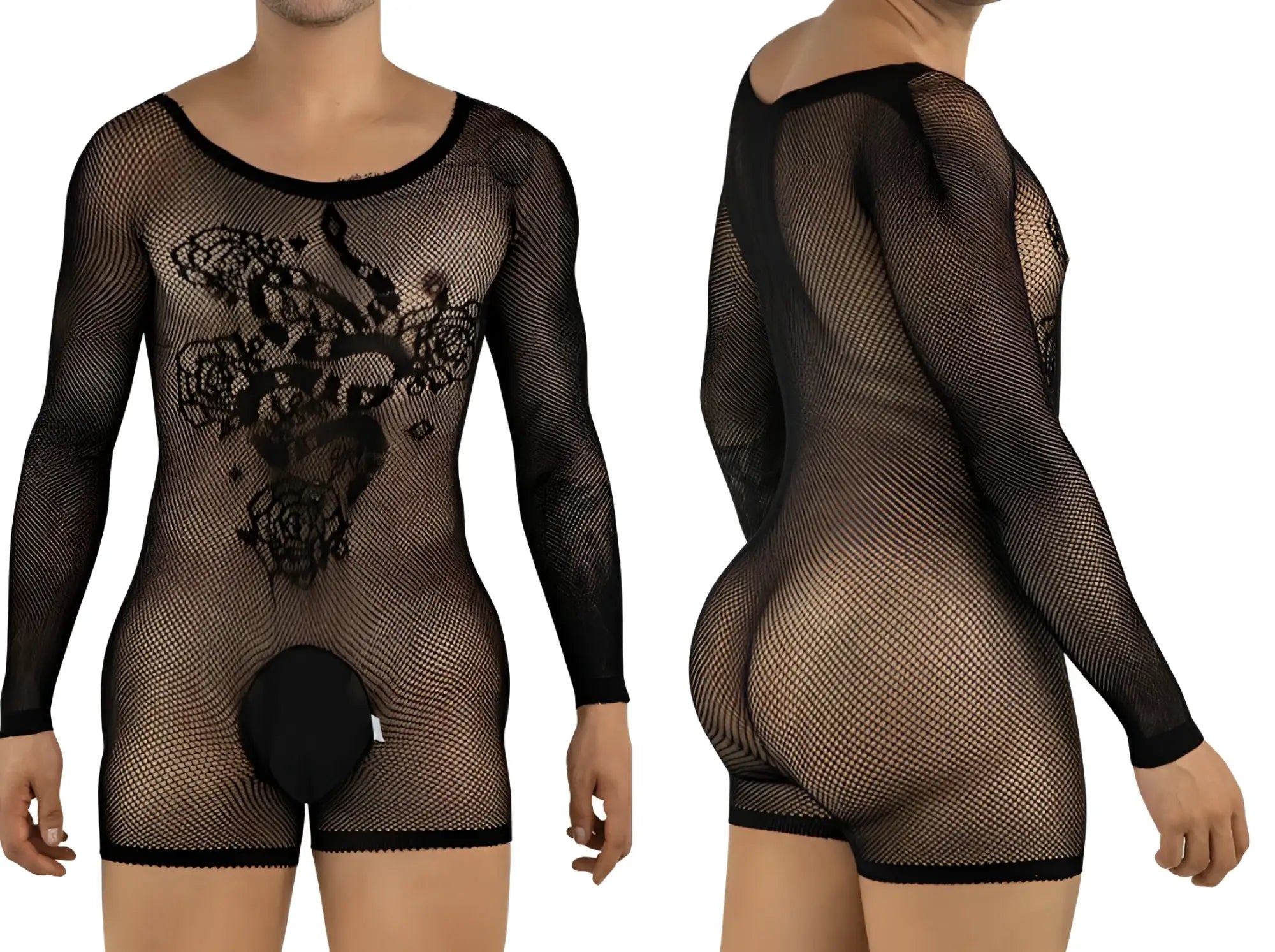 CandyMan black fishnet bodysuit with long sleeves, rose pattern, and opaque pouch. Front and back view.