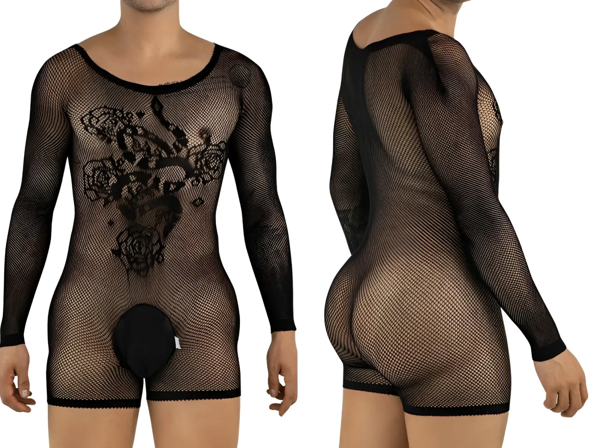 CandyMan black fishnet bodysuit with long sleeves, rose pattern, and opaque pouch. Front and back view.