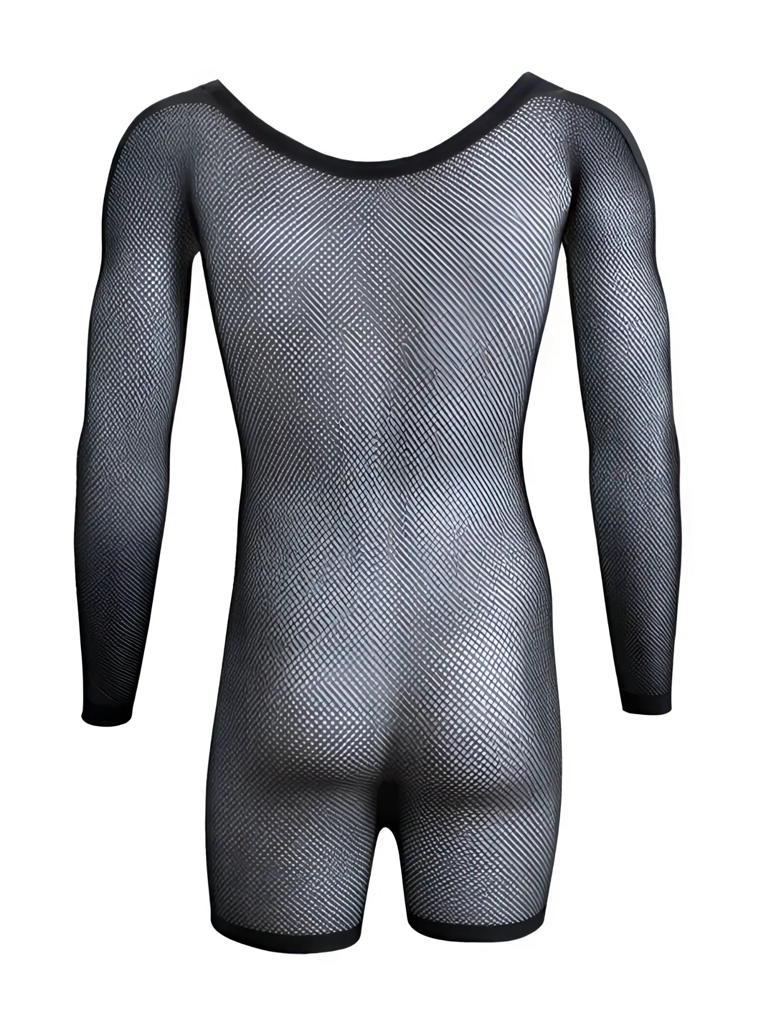 CandyMan black long-sleeve mesh bodysuit, shown from the back, featuring a fitted style and scoop neckline.