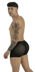 CandyMan black boxer briefs in sheer mesh diamond-pattern fabric, worn by a tattooed model posing in profile.