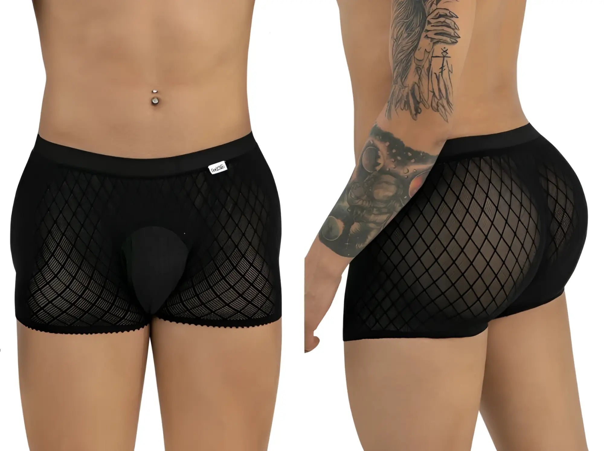 CandyMan black mesh boxer briefs with a solid pouch, shown from front and side views on a male model.