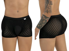 CandyMan black mesh boxer briefs with a solid pouch, shown from front and side views on a male model.